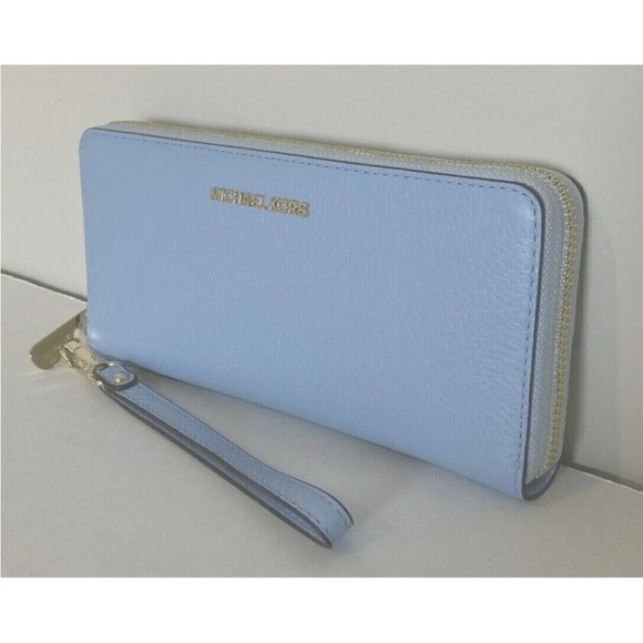 New Michael Kors Jet Set Large Travel Continental Wallet Leather Pale Blue - Picture 3 of 5
